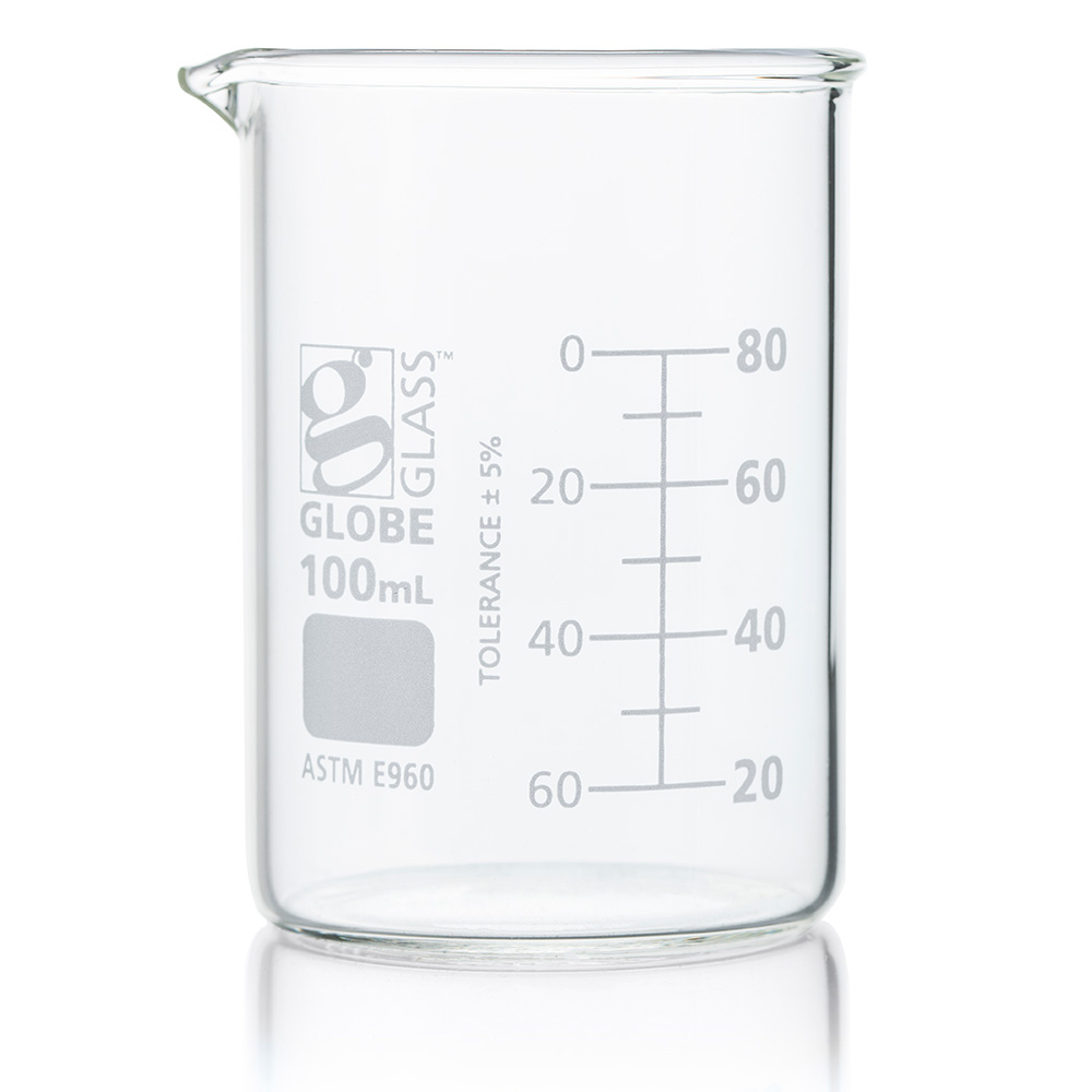 Globe Scientific Beaker, Globe Glass, 100mL, Low Form Griffin Style, Dual Graduations, ASTM E960, 12/Box beaker;beaker science;beaker glass;beaker chemistry;beaker lab;250 ml beaker;100 ml beaker;50 ml beaker